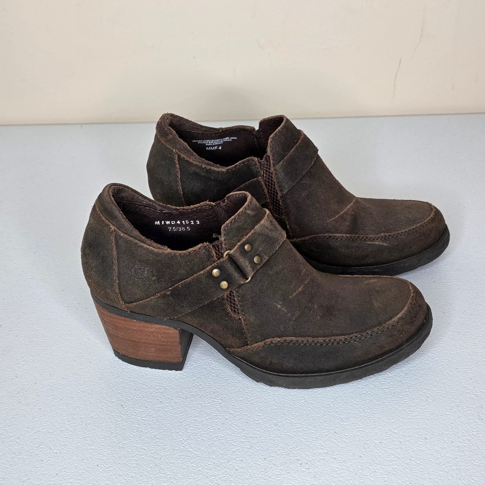 Born Ankle Booties Womens 7.5 Brown Suede Leather Block Heel Buckle Western Boho